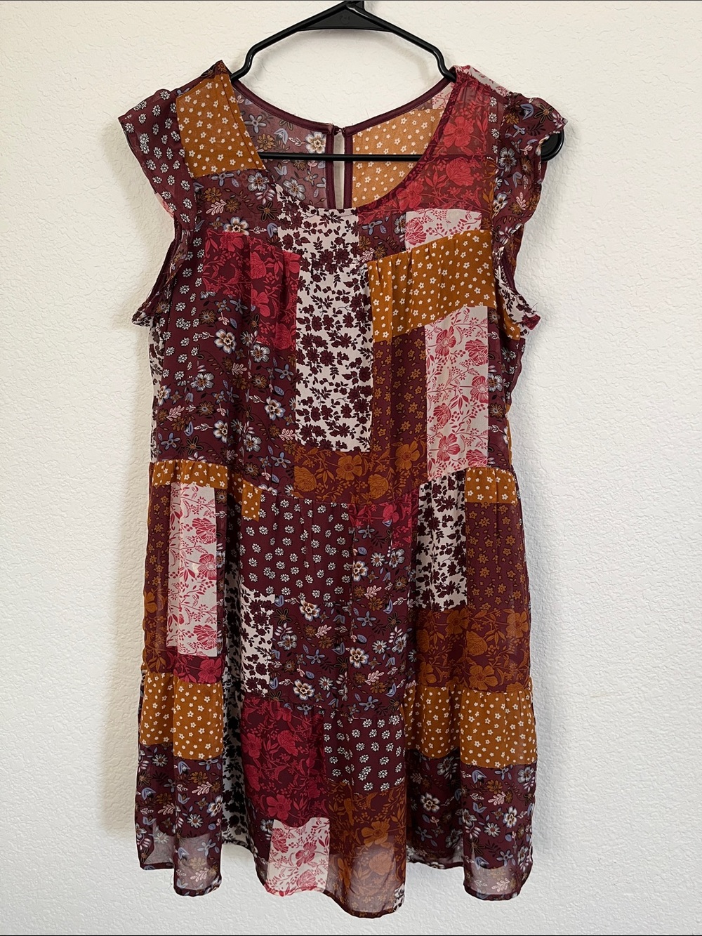 Boho Patchwork Floral Sleeveless Dress - Burgundy & Mustard
